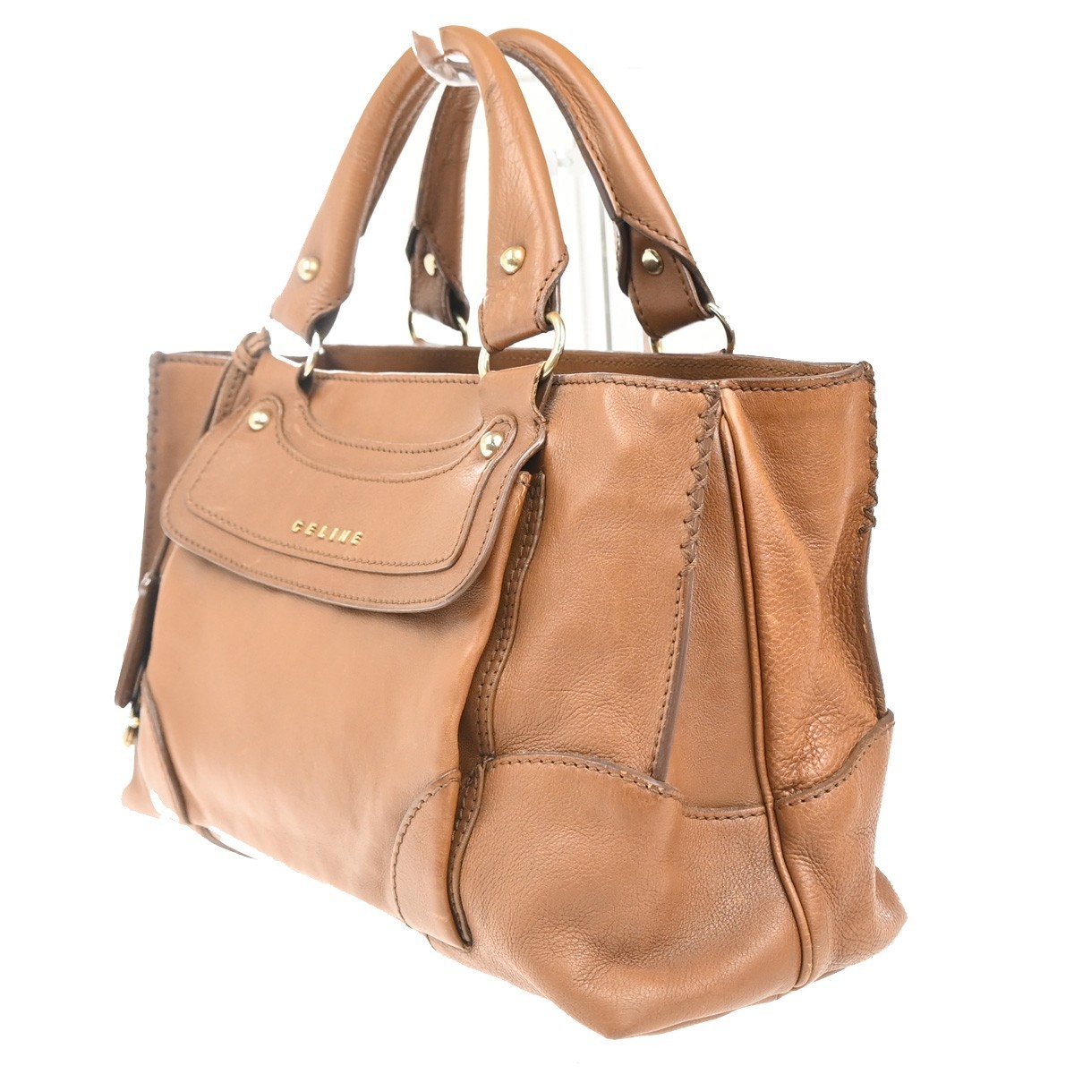 CELINE Logo Boogie Horse Carriage Hand Bag Leather Brown GHW Italy 32MA264