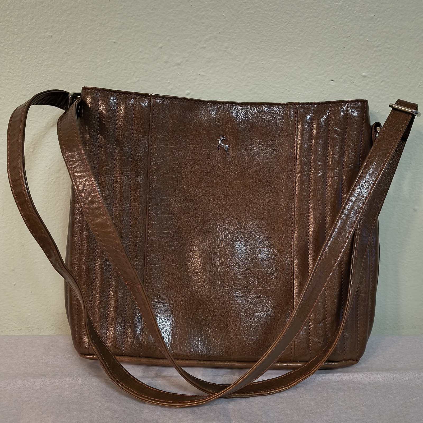 Genuine Leather Shoulder Crossbody Bag Brown Pintuck Stag British-Ashwood