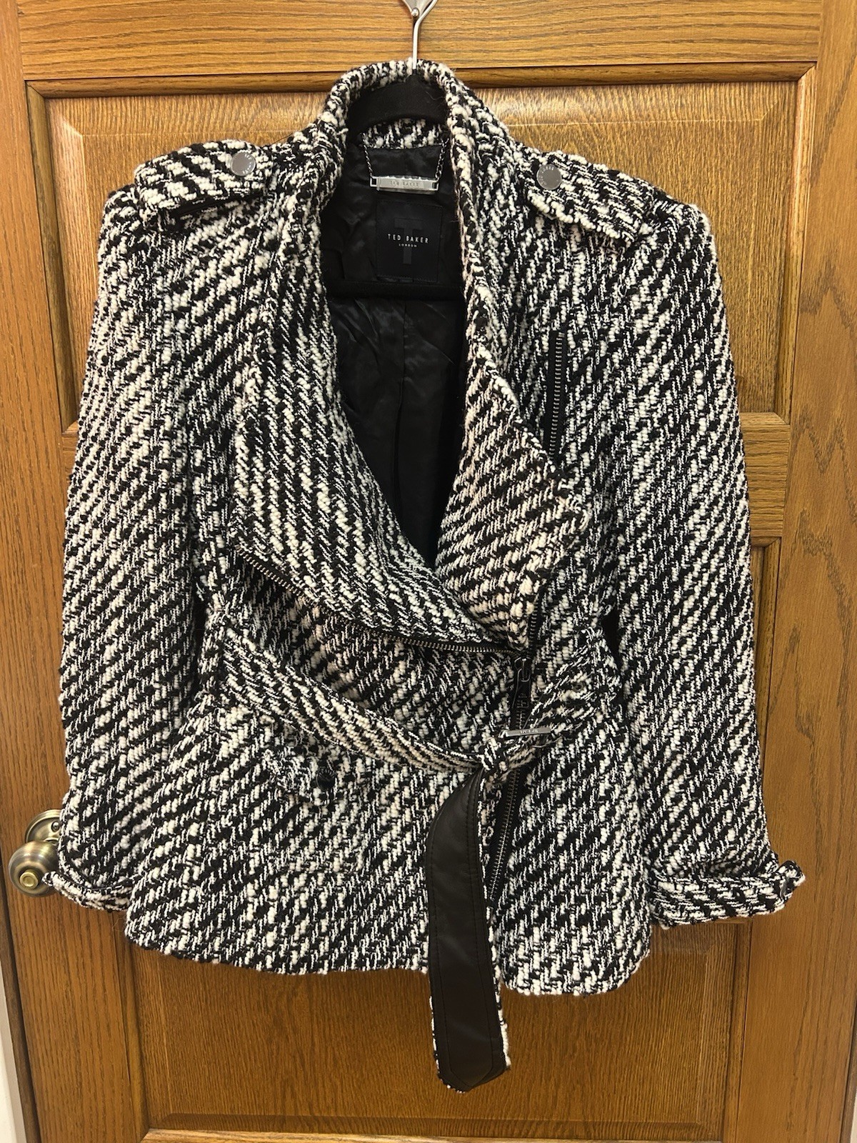 Ted Baker London Women’s White Wool Roseby Belted Wrap Biker Jacket Size 4