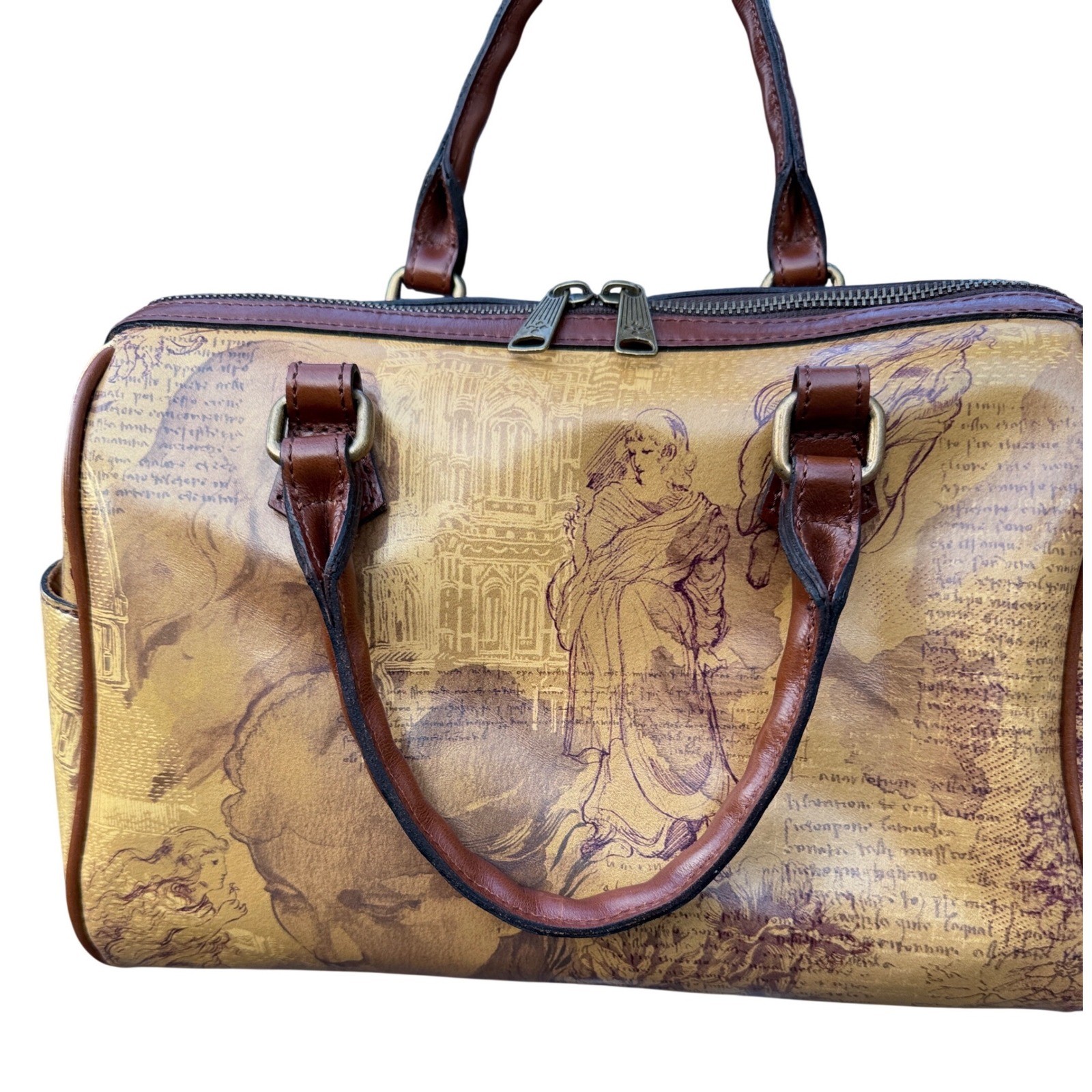 Rare Retired Patricia Nash Leather Satchel Italian Sketchbook Print Bag Tan