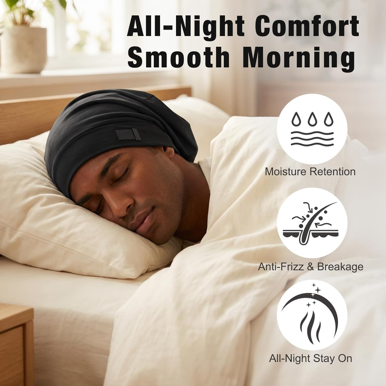 2 Pack Silk Satin Hair Bonnet for Men, Adjustable Stay-On Sleep Cap Beanie for C