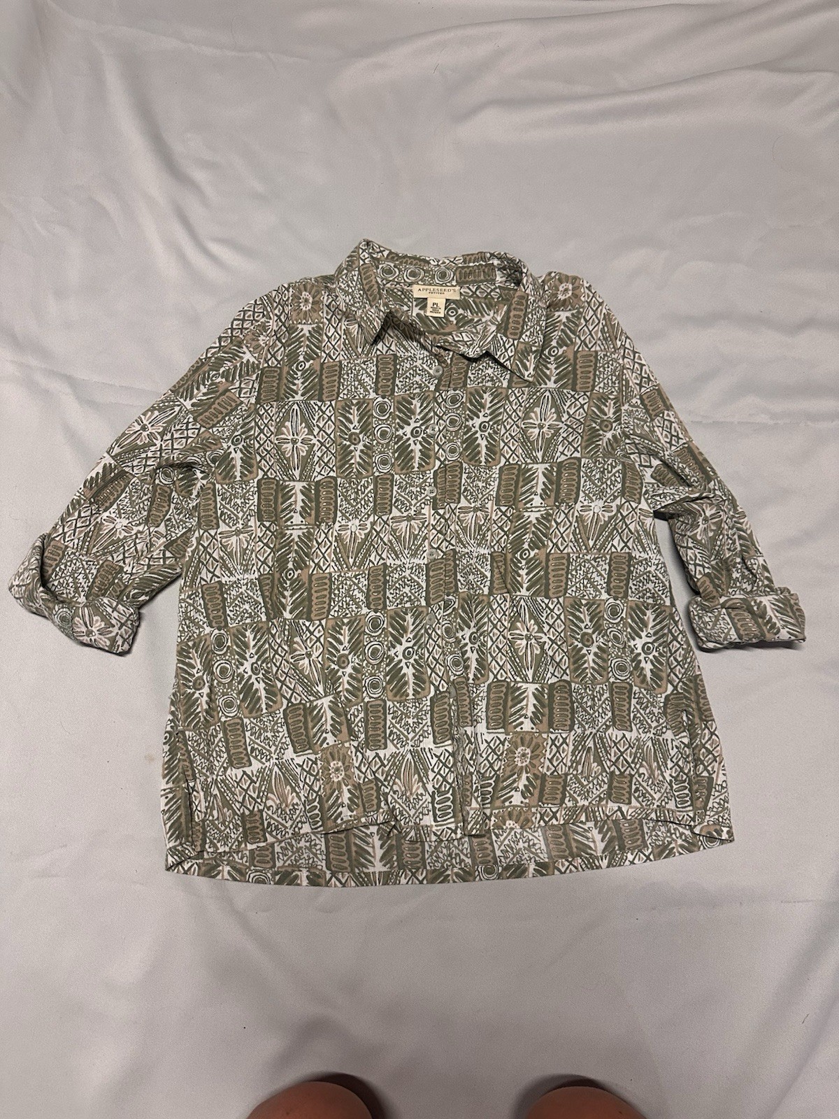 Appleseed’s Petites 100% Cotton Botanical Print Blouse Roll-Tab Sleeves Size PL