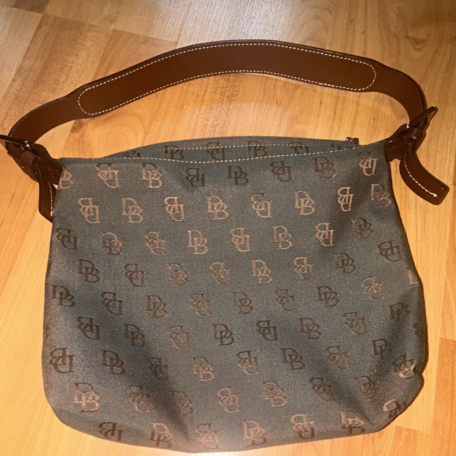 Dooney & Bourke Blue Logo Shoulder Bag Brown Strap Zip, Lined Inner Pockets