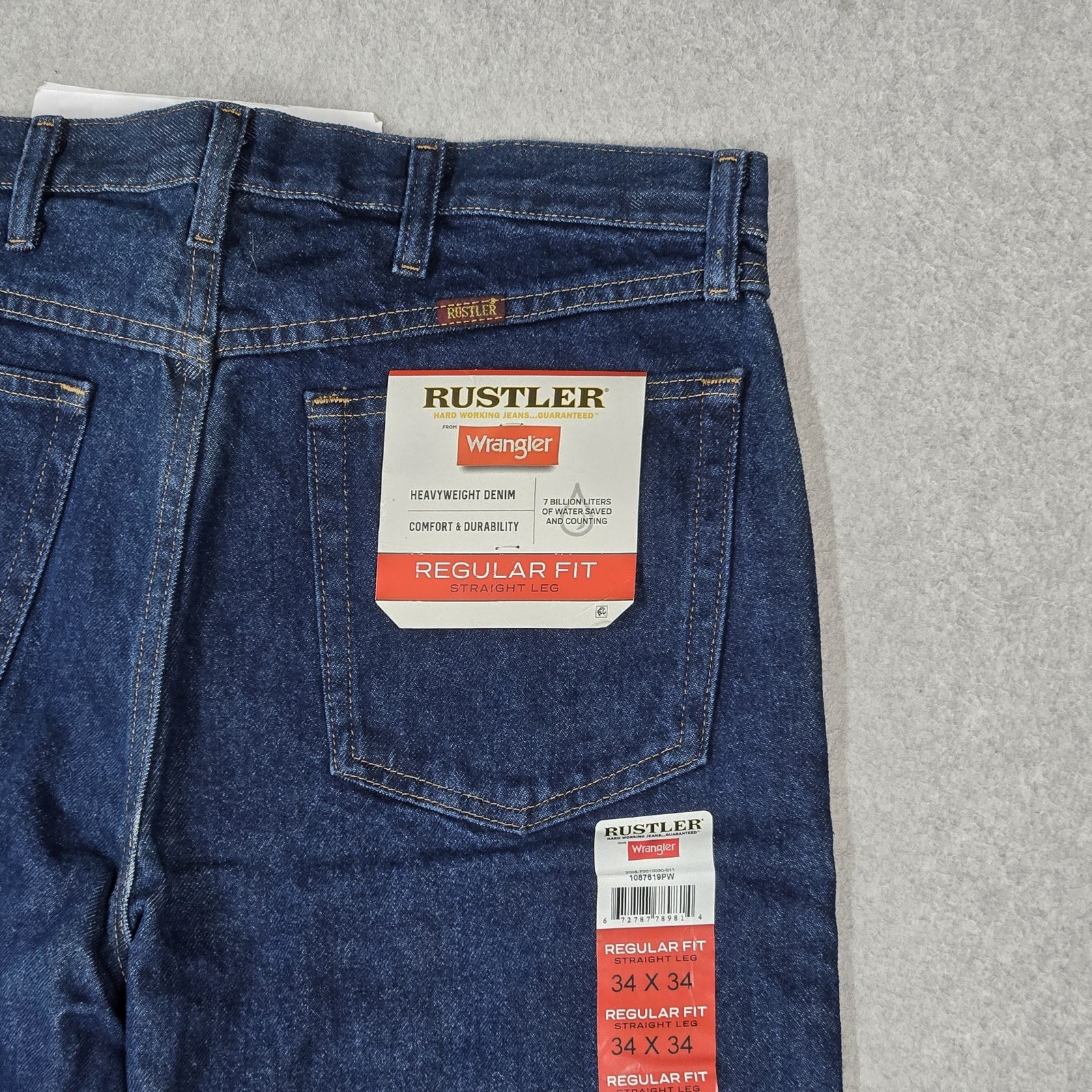 Rustler Men Jeans 34X34 Blue Denim Straight Leg Durable Heavyweight NWT