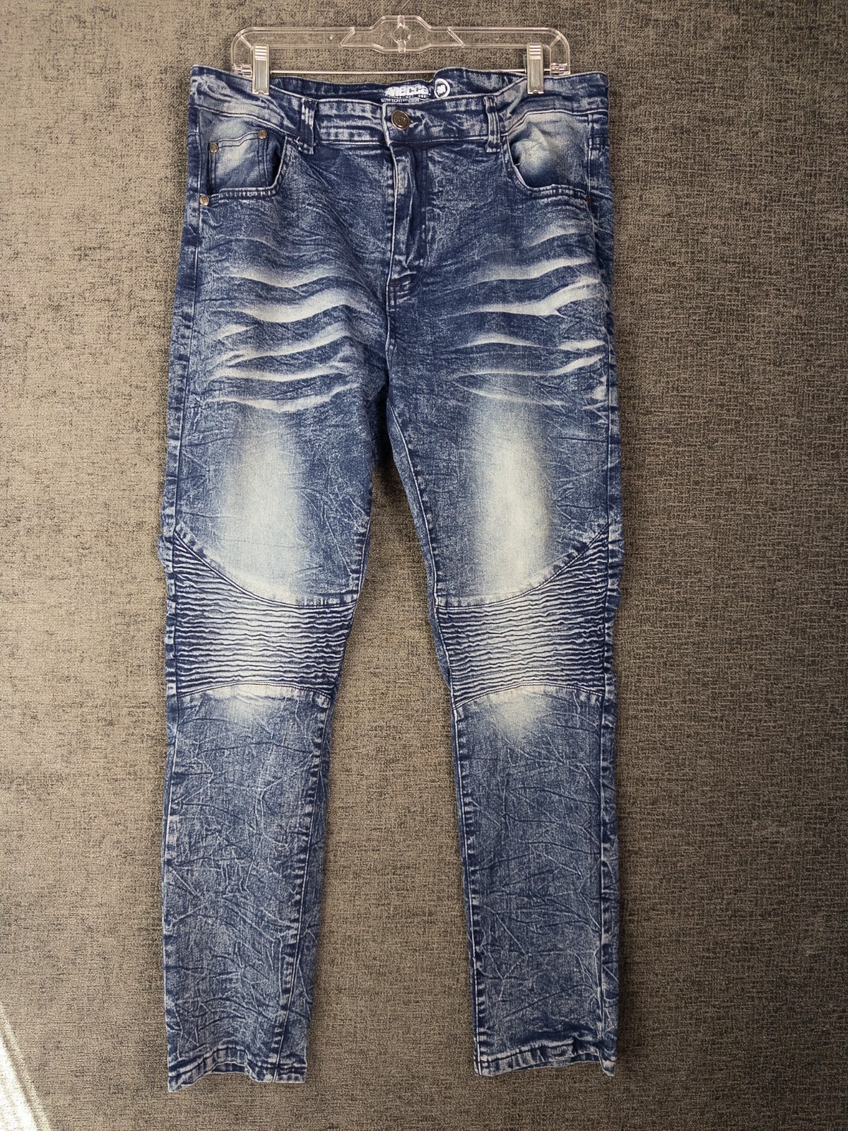 Y2K Mecca Jeans Mens (38×32) 34×32 Blue Moto Acid Wash Rugged Distressed Slim