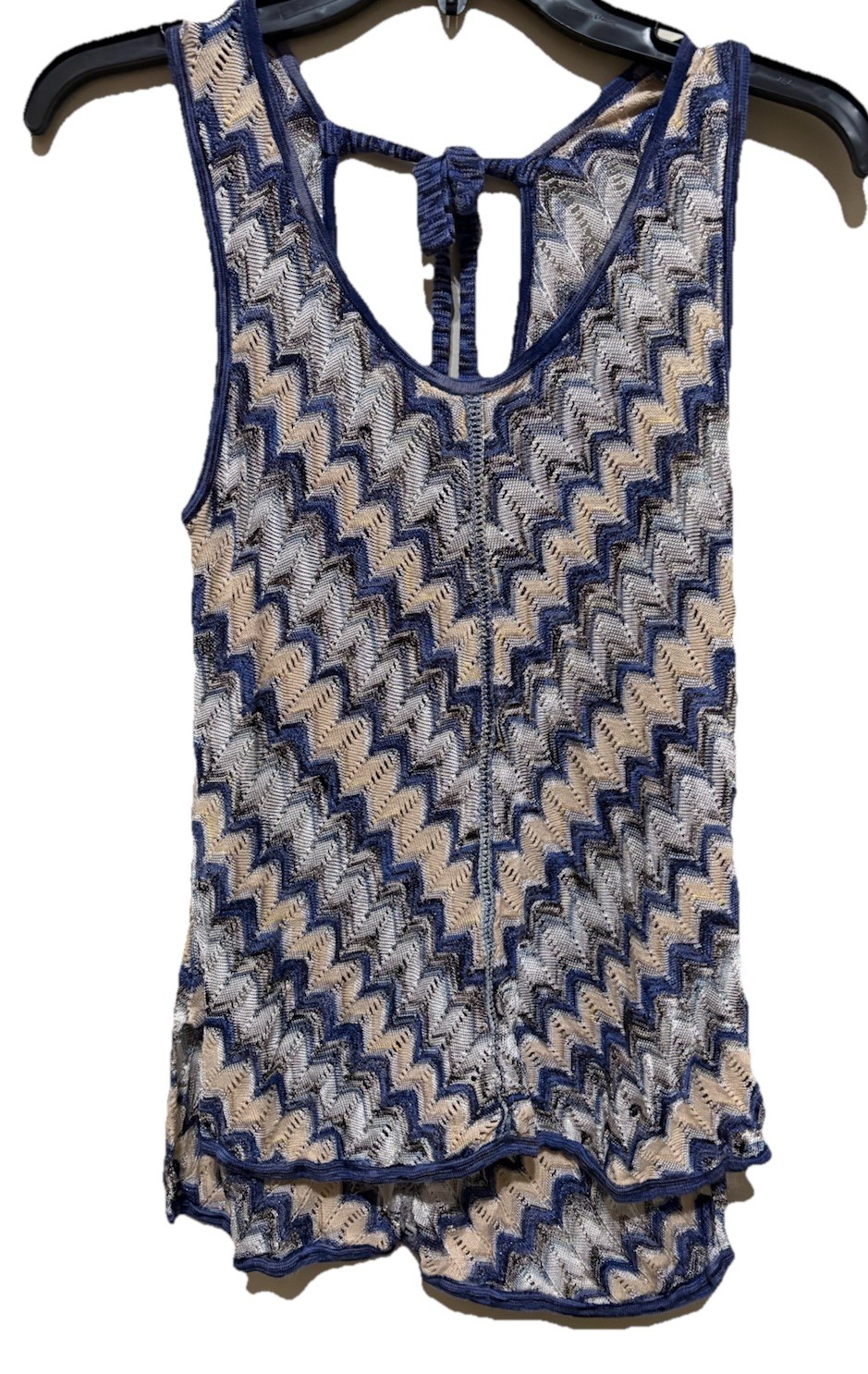 WHBM Crochet Tank M Blue Tan Chevron Halter Boho Beach Lightweight Top