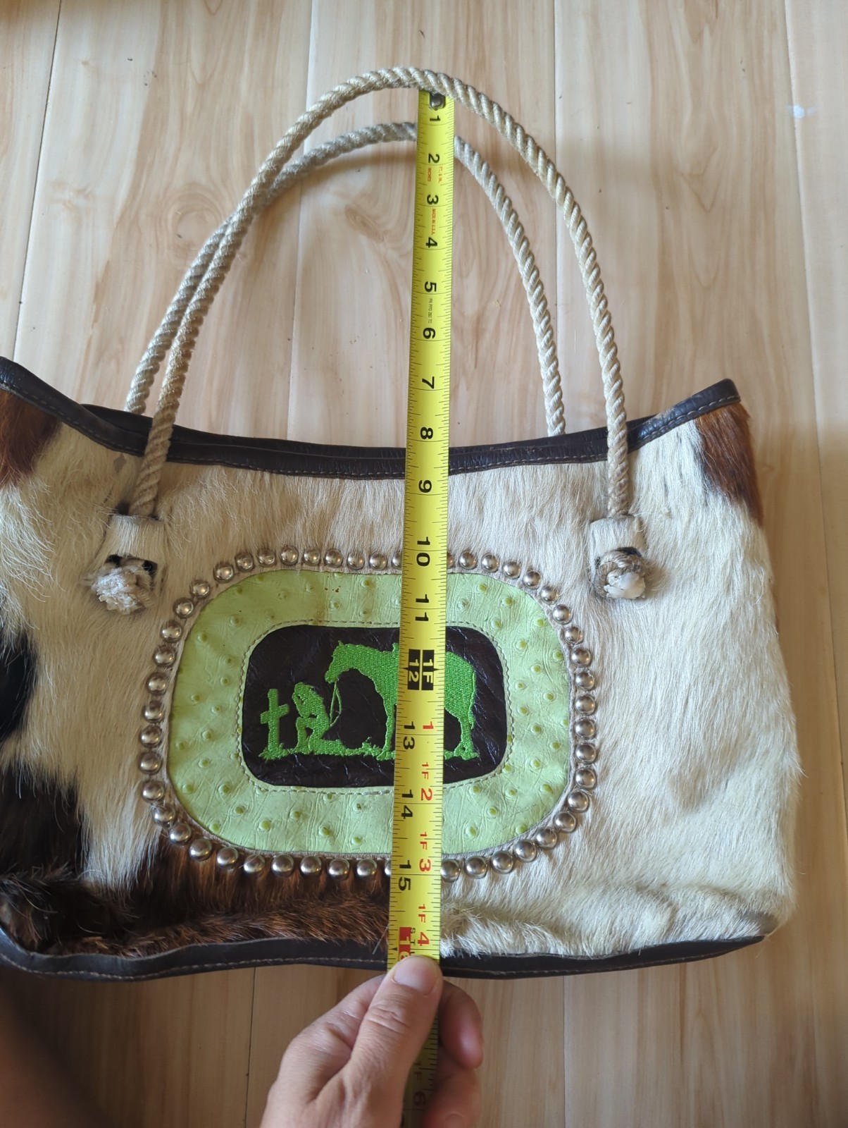 Vtg Cowhide Brown and White Leather Bag Rope Handle Western Very Unique Handmade