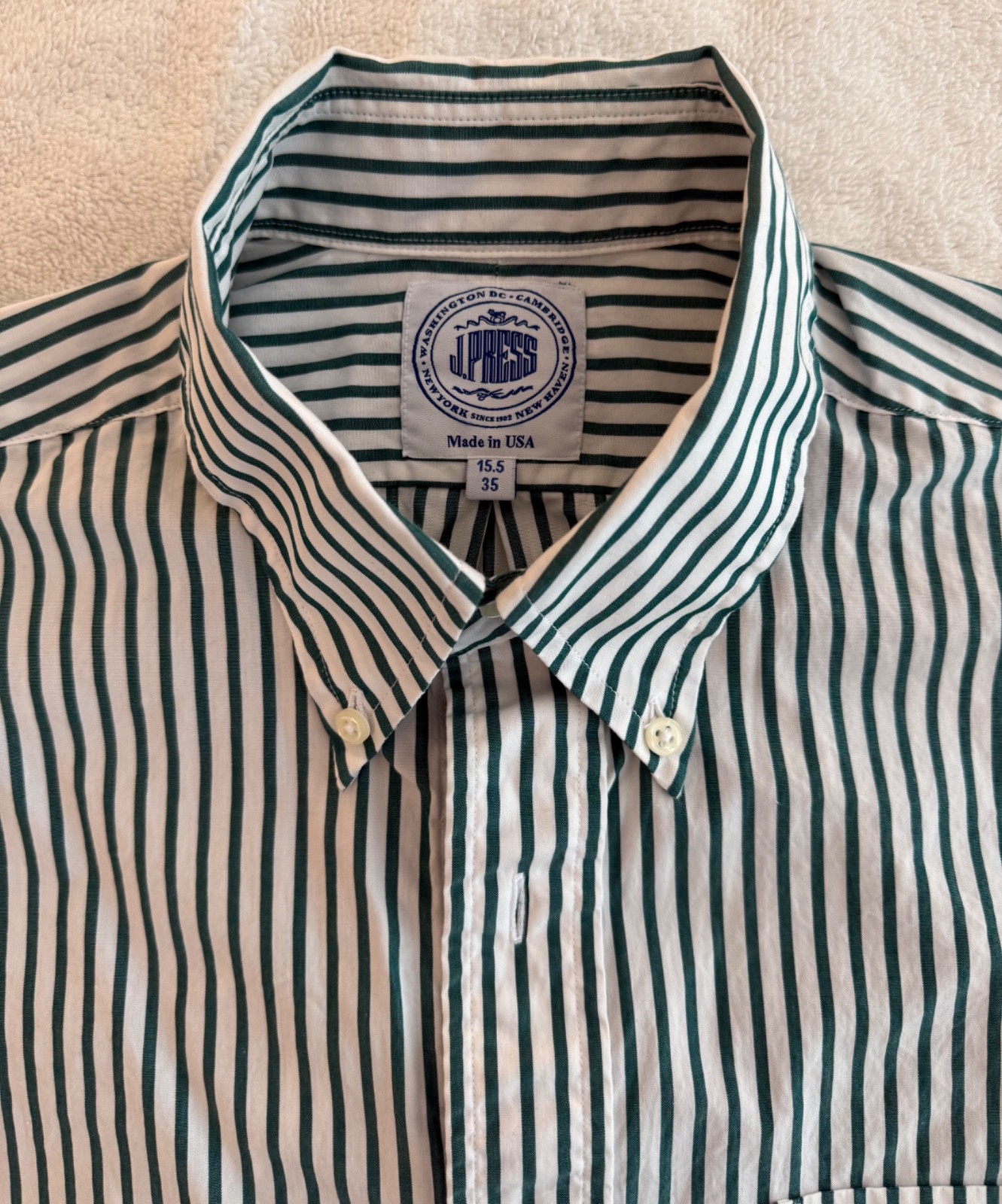 J Press – Worn Once – Hunter Green, Butcher Stripe Button Down Size 15 1/2 x 35