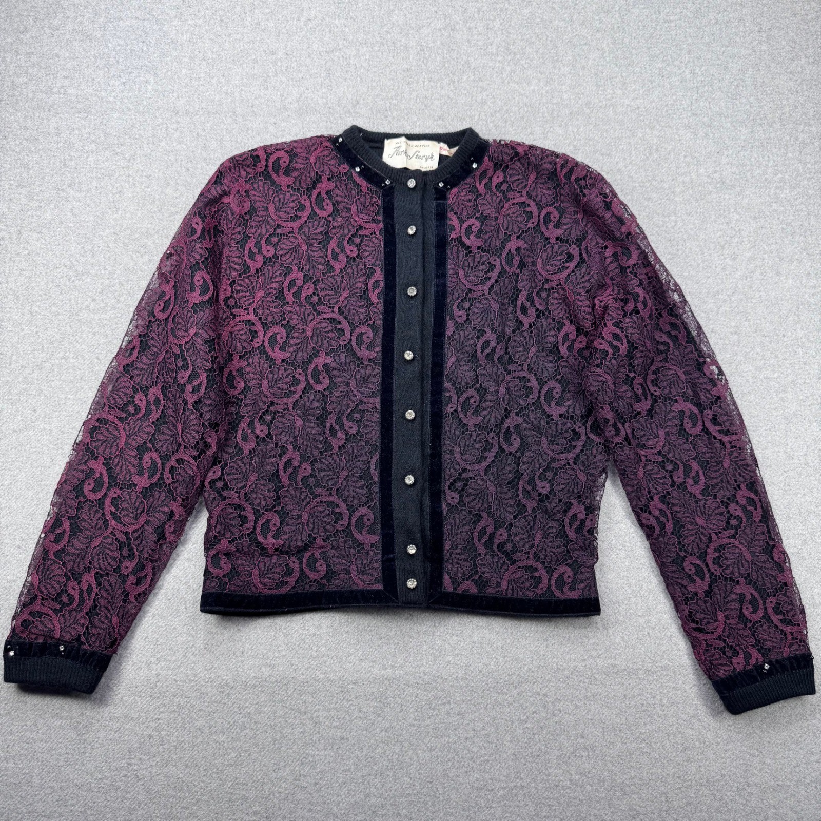 Vintage 50s Lace Overlay Rhinestone Cardigan Sweater Black Purple Orlon Fits XS