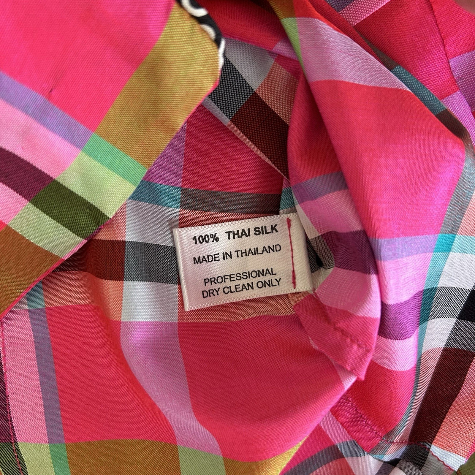 Marisa Baratelli Womens Blouse Size 4 Pink Plaid Button Up Collar 100% Thai Silk