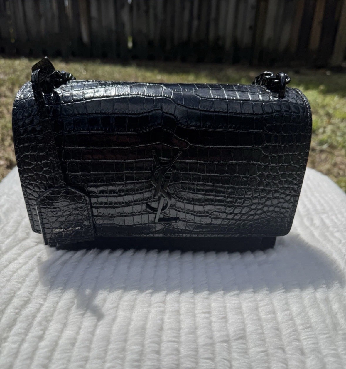 Saint Laurent Sunset Medium YSL Crossbody Bag in Croc-Emboassed Leather