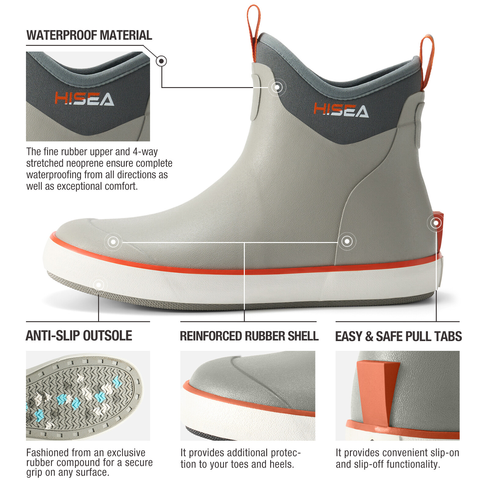 HISEA Men Ankle Deck Boots w/Steel Shank Non-Slip Waterproof Rain Boots Fishing