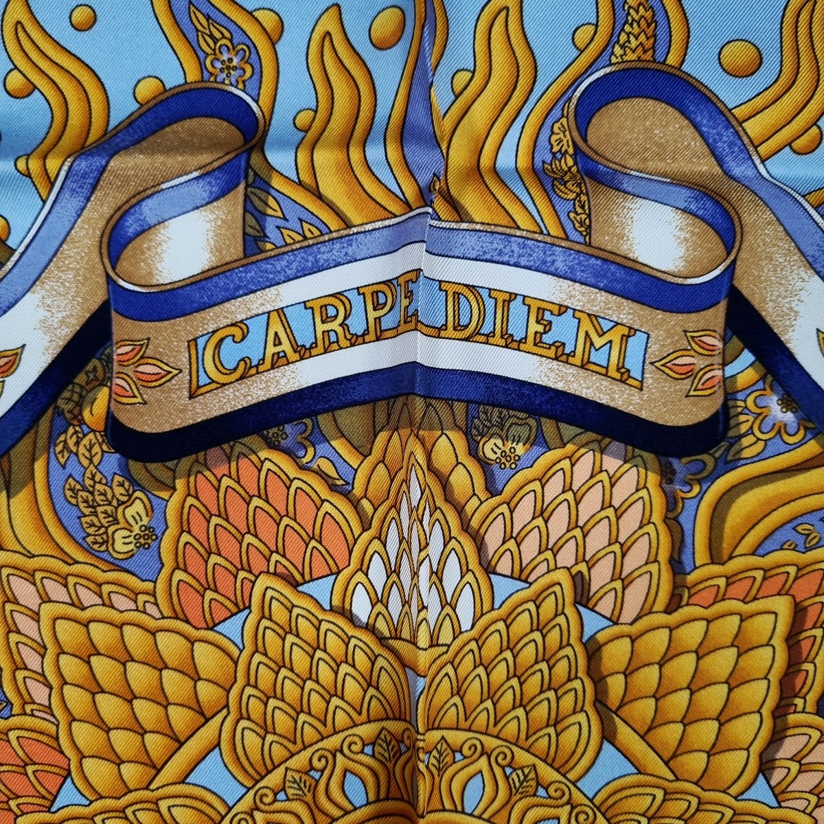 RARE VINTAGE HERMES Silk Scarf “Carpe Diem” Carre 90 designed by Joachim Metz