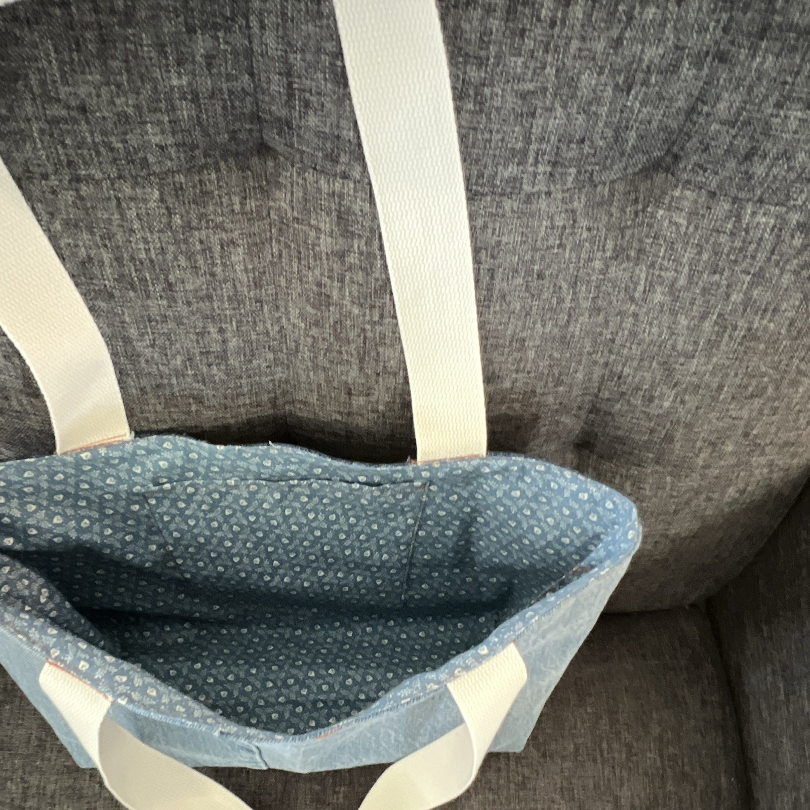 Women’s Blue Denim Tote Bag Lined White Canvas Double Handles Ins & Out Pockets