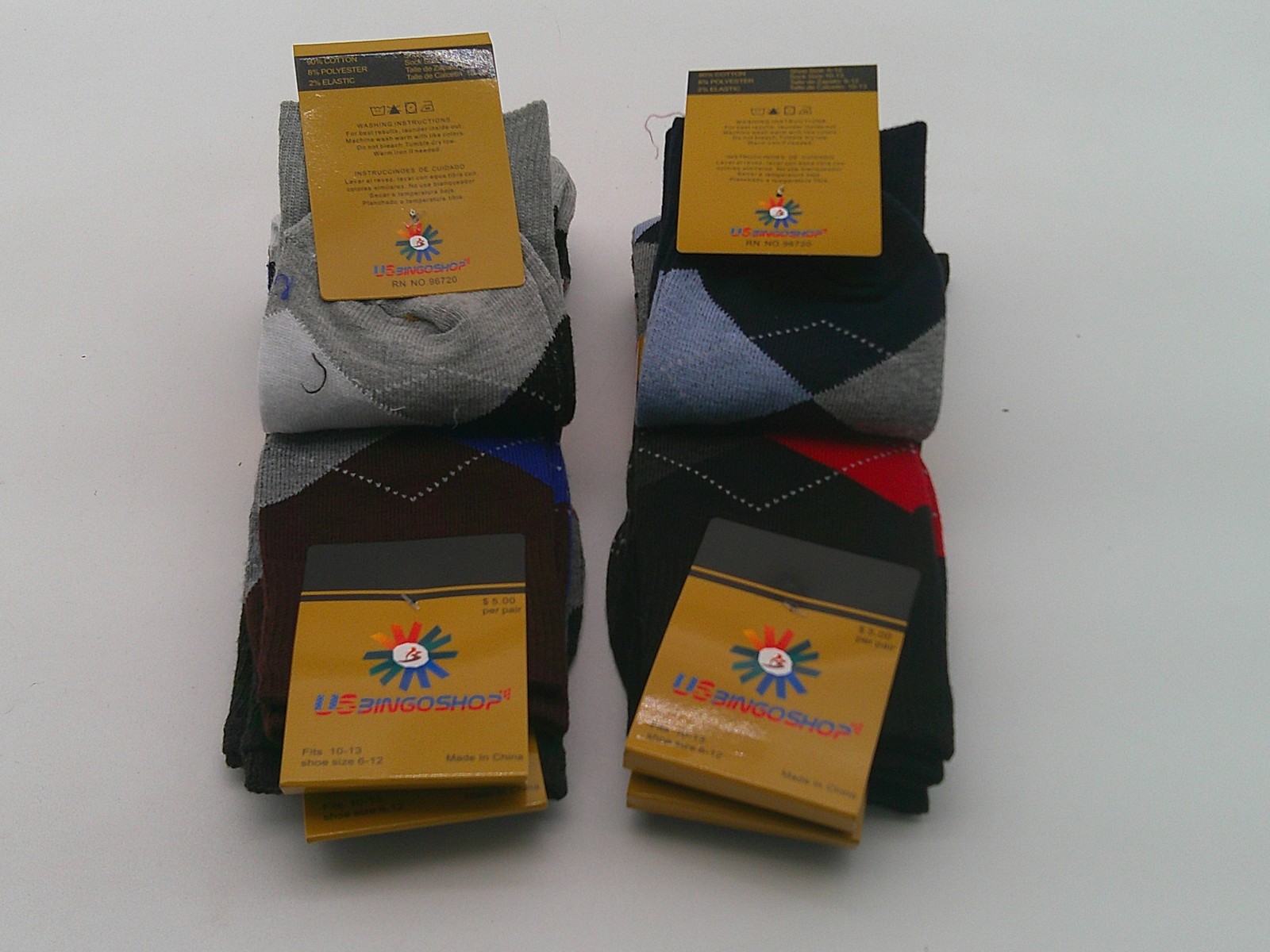 USBINGOSHOP Socks Mens Size 10-13 Multicolor Crew Mid Calf Argyle Dress Lot Of 6