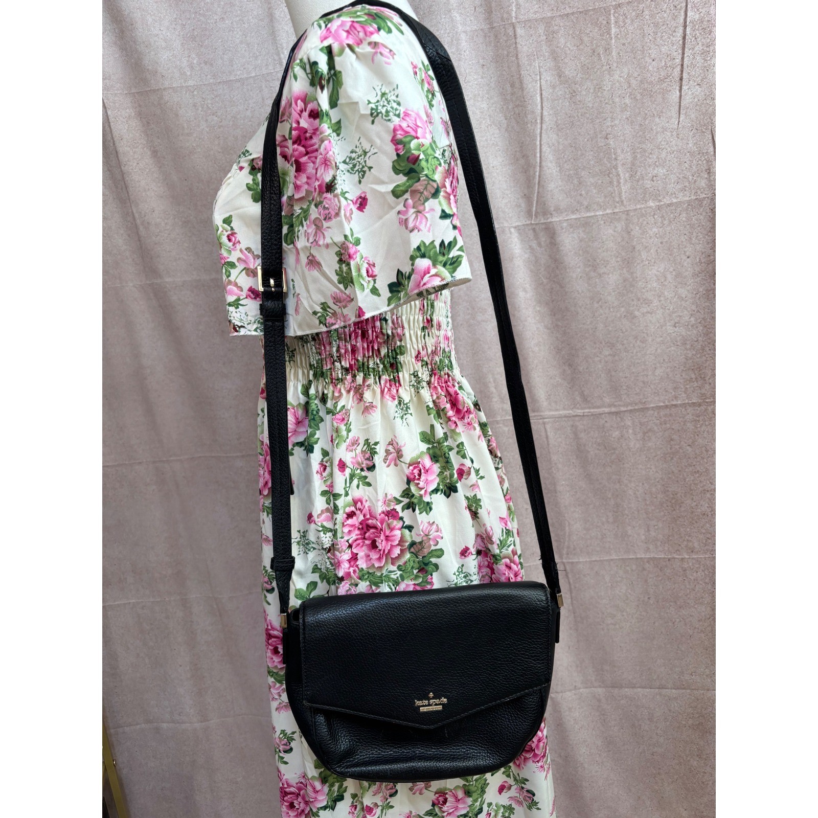 Kate Spade Black Pebble Leather Crossbody Bag Flap Shoulder Bag Adjustable Strap