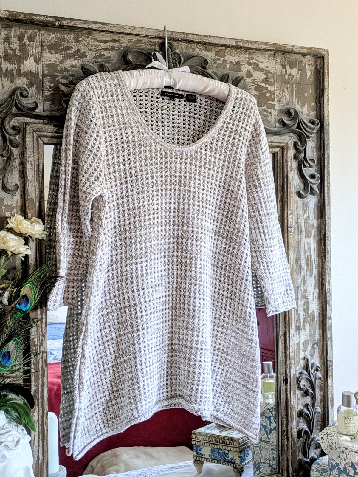 Jeanne Pierre 100% Cotton Sz L Beige Open Knit Beachy Sweater Coastal Grandma