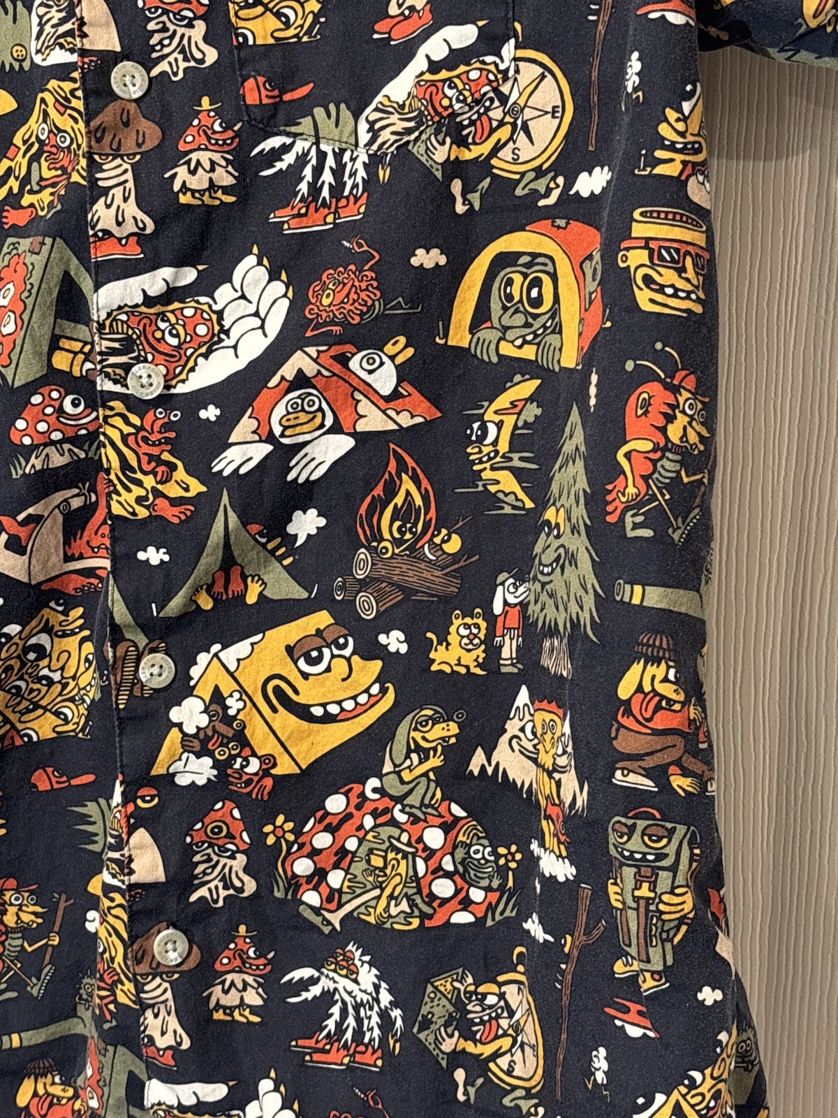 Killer Acid No Bad Trips Print Camp Shirt Button Up Mens Sz Small Mushrooms
