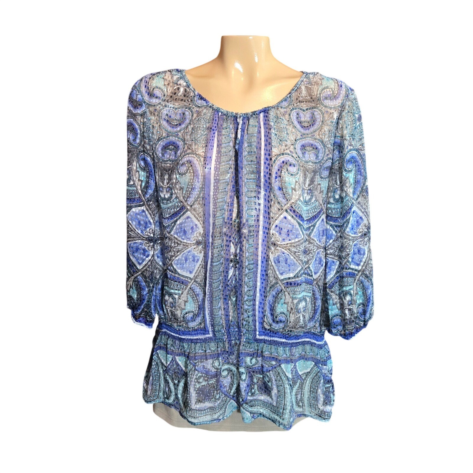 Chicos Silk Blend Womens Blouse Blue Size 2 Sheer Paisley Smocked Peplum