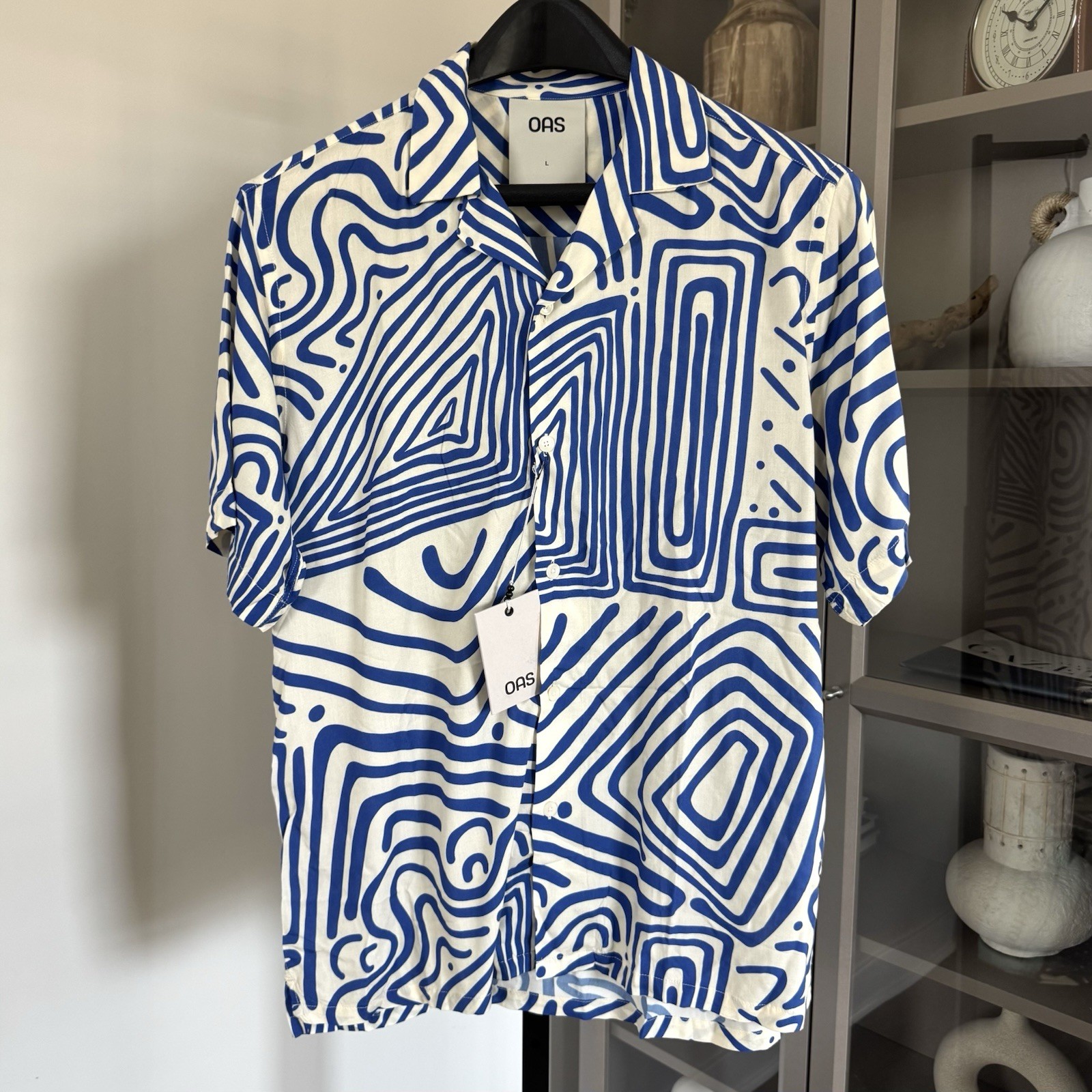 OAS Eldovado Viscose Short Sleeve Blue Print Ivory Button Up Camp Shirt L NEW