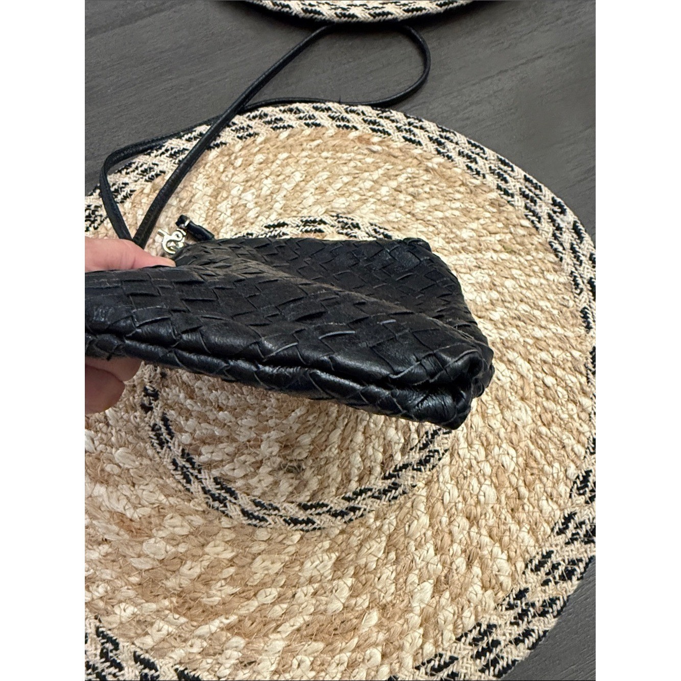 Elliott Lucca Black Woven Leather Crossbody Bag Small Zip Top Purse Handbag