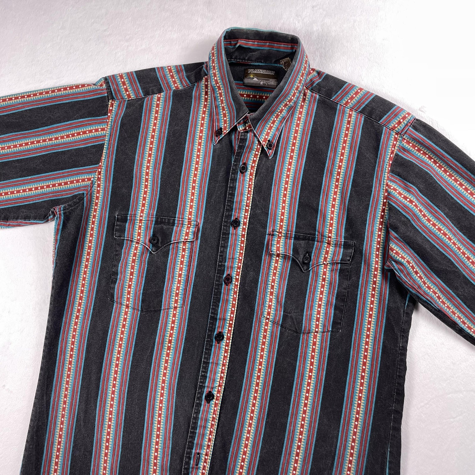 Vtg 90s Plainsman Western Shirt Mens M Aztec Stripe Teal Bruspopper Southwestern