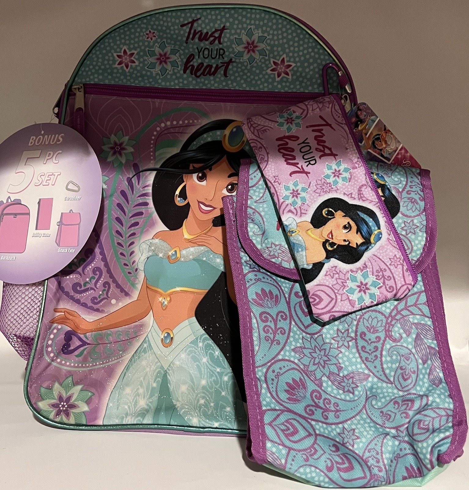 Disney Aladdin Jasmine 5 Piece Backpack Set! Perfect For Back To School!