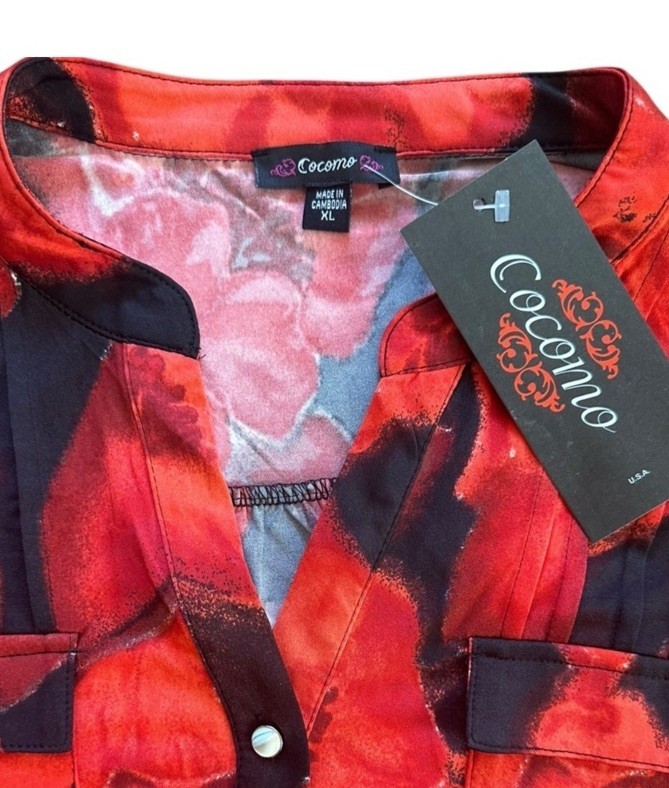 COCOMO XL Orange Red Black 3/4 sleeve women’s Pintuck Blouse Tunic shirt