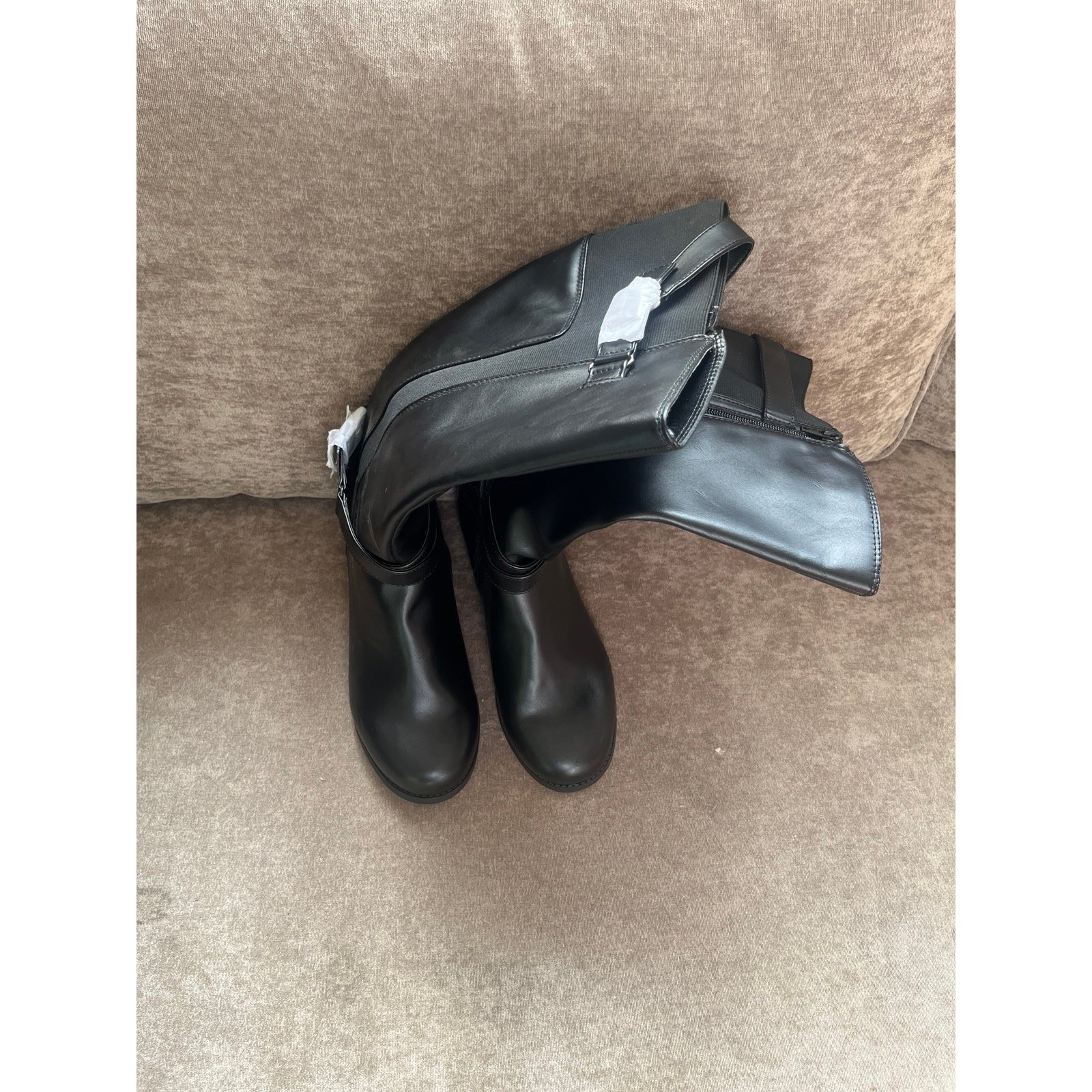 Black Knee High Riding Boots Wide Calf Elastic Gore Buckle Detail Low Heel