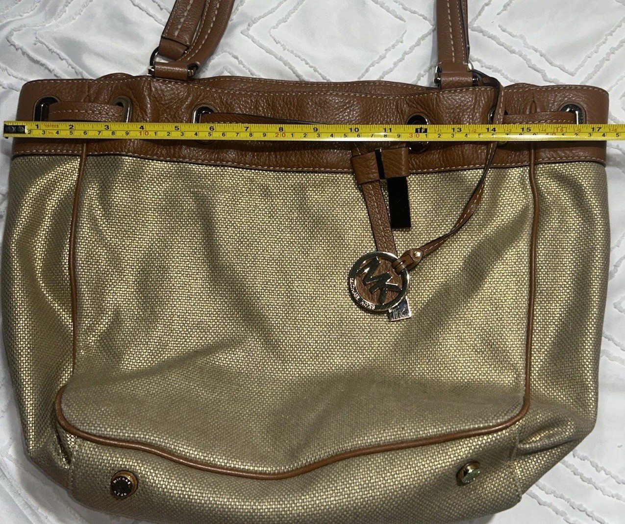Michael Kors Marina Large Canvas Drawstring Tote Bag Gold Metallic Brown Leather