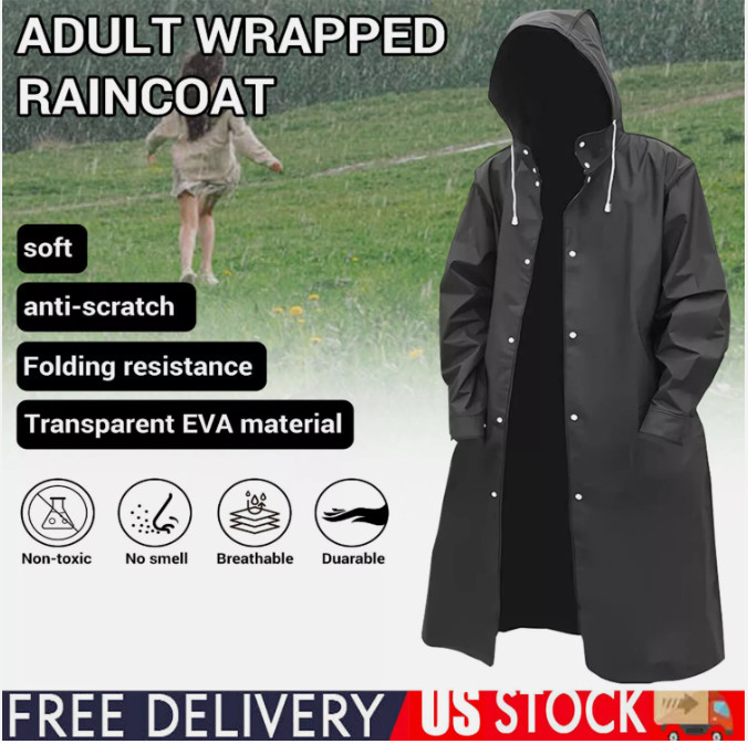 Men/Women Black Waterproof Raincoat Rain Coat Trench Poncho Rainwear Jacket