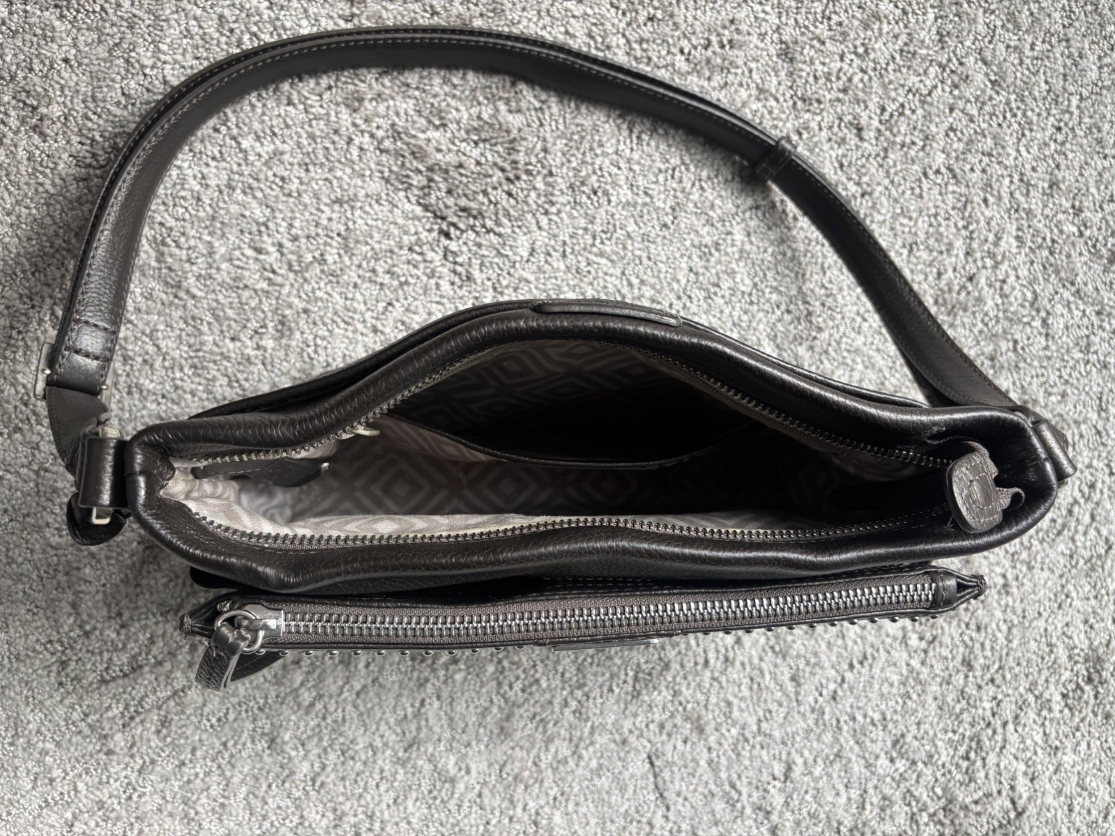 BRIGHTON Crossbody Organizer in Cappuccino Pebbled Leather w/ Silver Studs