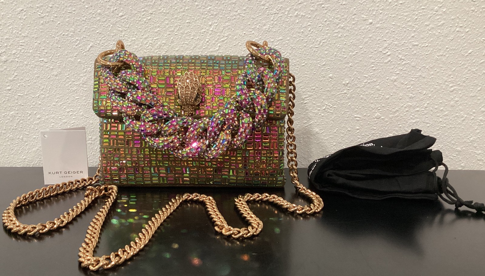 Kurt Geiger Mini Kensington 2 Chains 8″x5.5″ Iridescent Crystals Metallic Fabric