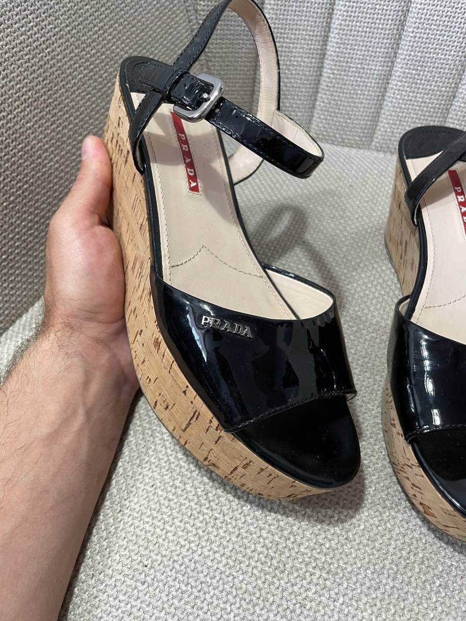 Prada Black Patent Leather and Cork Wedge Sandals Size IT 37 US 7