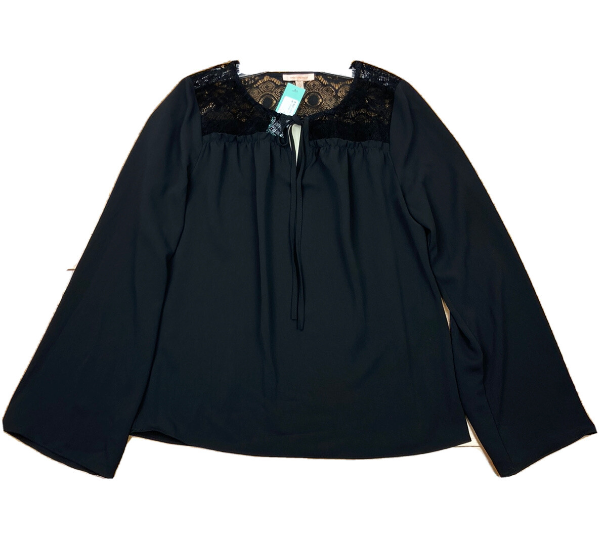 New Stitch Fix Skies Are Blue Ogden Tie Neck Blouse Womens M Black Popover Lace