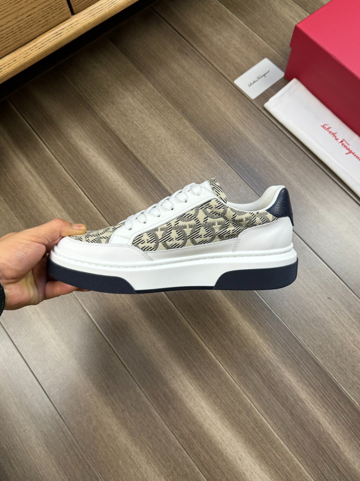 Salvatore Ferragamo White Navy Monogram Gancini Canvas Leather Sneakers Shoes