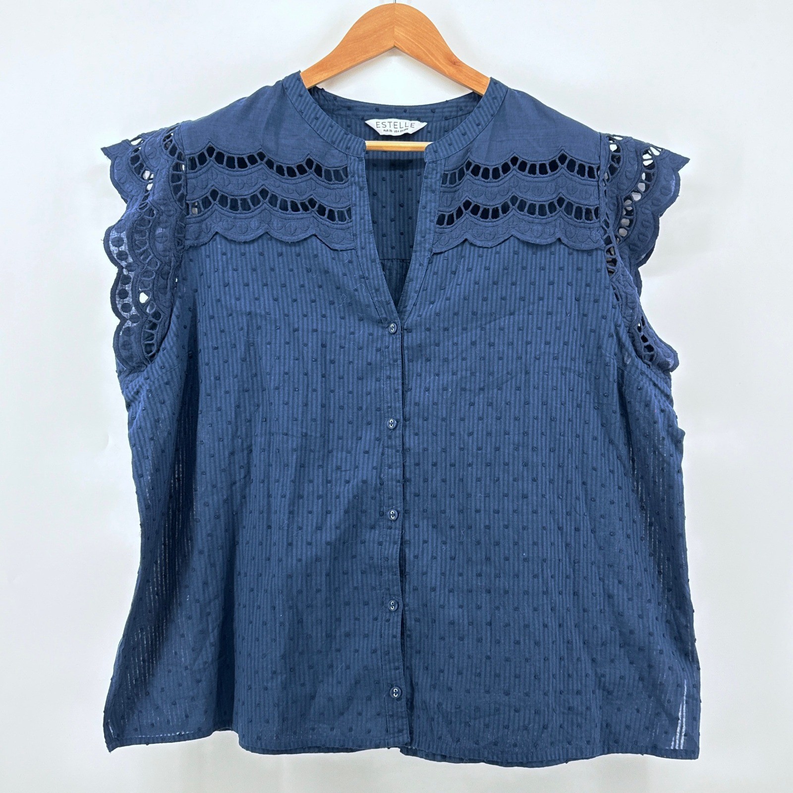 Estelle Navy Blue 2X/20W Eyelet Flutter Sleeve Button Down Blouse Top Swiss Dot