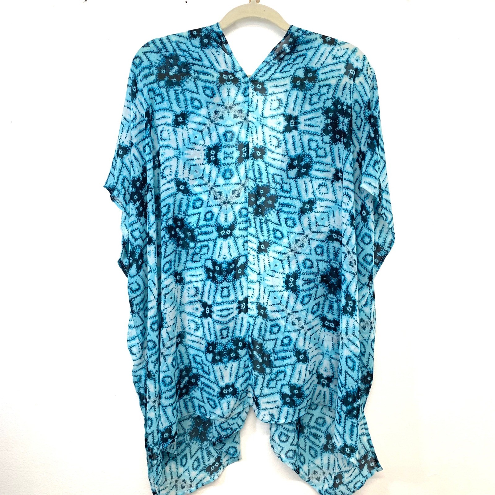 Ocean Pacific Open Kimono Cardigan Cover Up Blue Geometric Print Aqua Medium