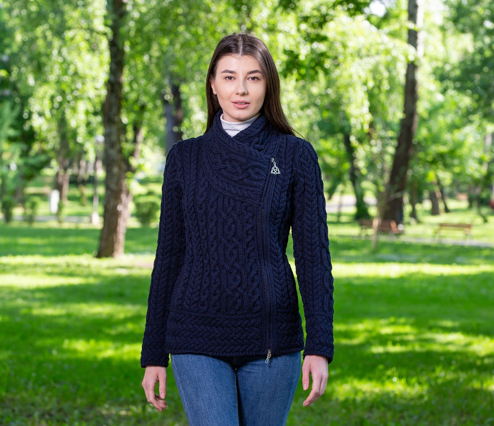 SAOL Cable Knitted Cardigan Women’s 100% Merino Wool Irish Aran Zipper Jacket
