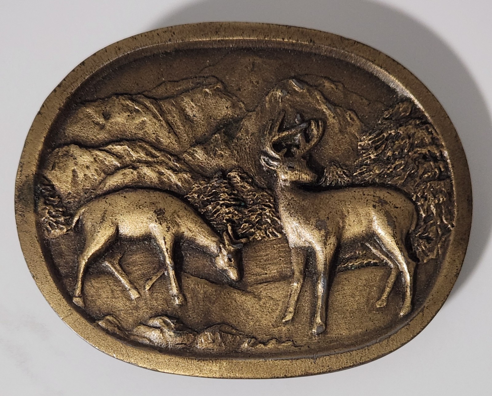 Vintage Brass Deer Mountains Oval Belt Buckle Indiana Metal Crafts 3 X 2.25 In