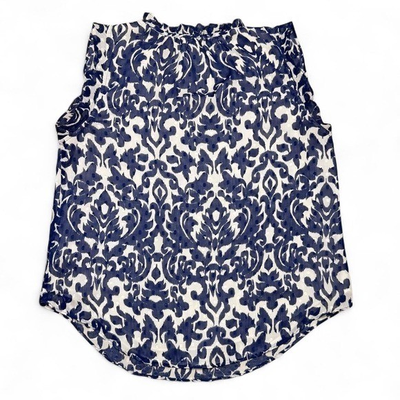 Navy Blue White Damask Ikat Clip Dot Sleeveless Blouse Ruffle V-Neck Top