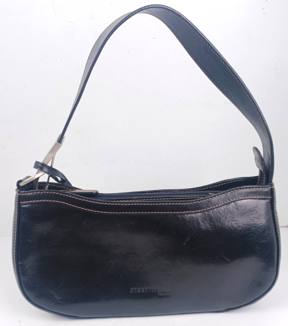 Kenneth Cole Black Leather Handbag Purse Crescent Capsule Minimalist 11 Inch