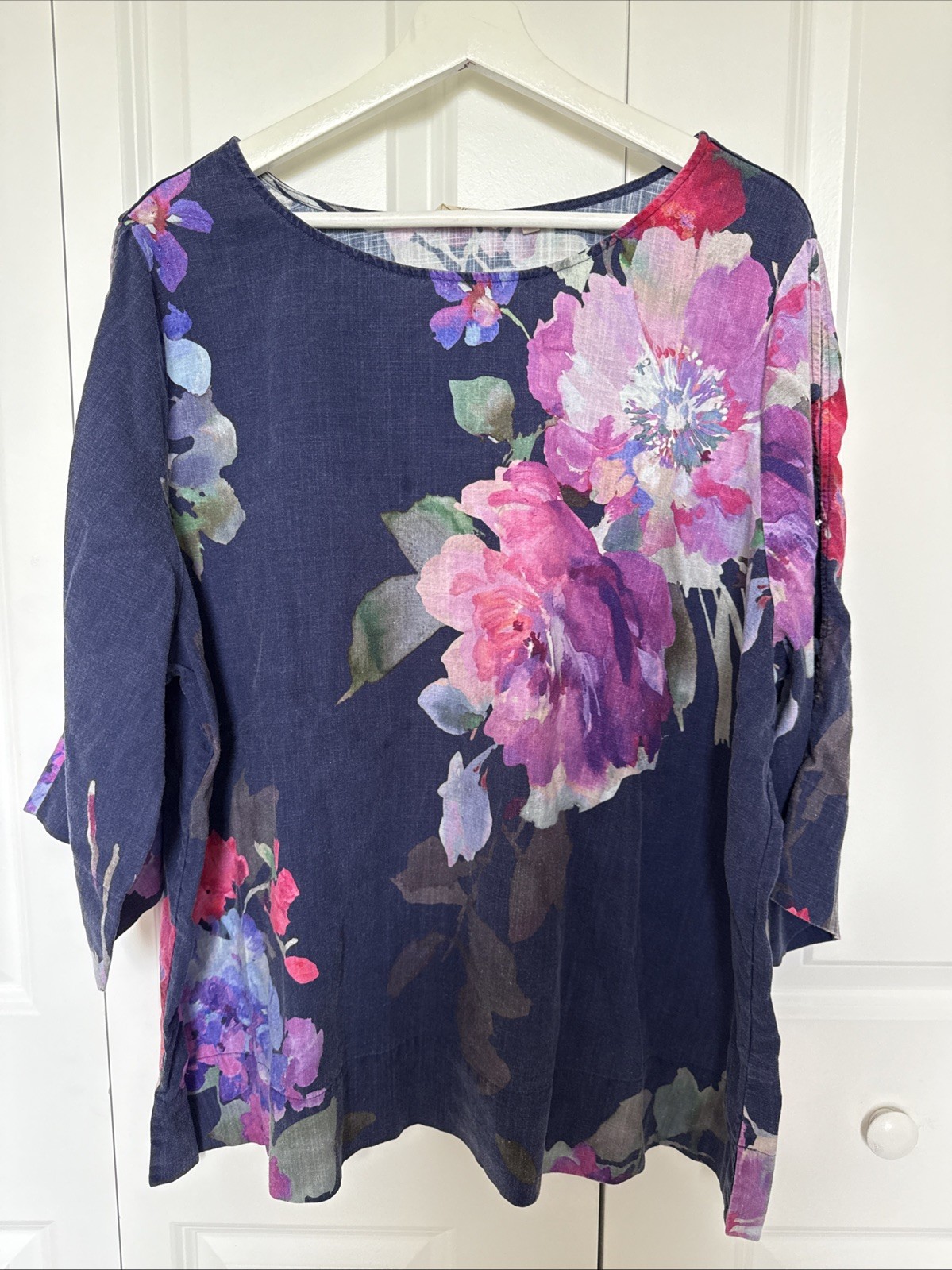 Soft Surroundings Linen Floral Blouse Navy Blue Sz 2x Tunic