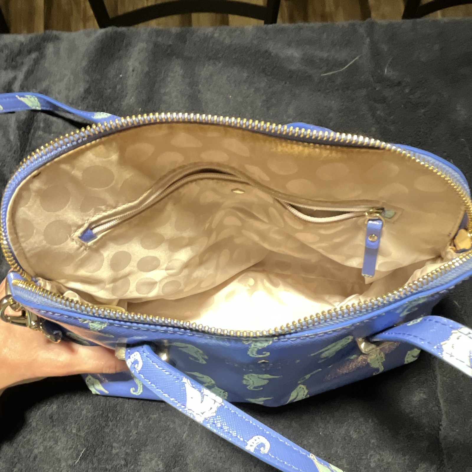 Kate Spade New York Blue Seahorse Print Small Satchel Zip Top Detachable Strap