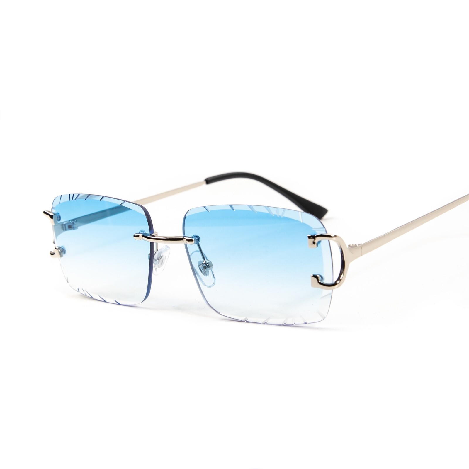Men’s Rimless Luxury Hip Hop Baby Blue Tint Silver Frame Rectangle Sunglasses