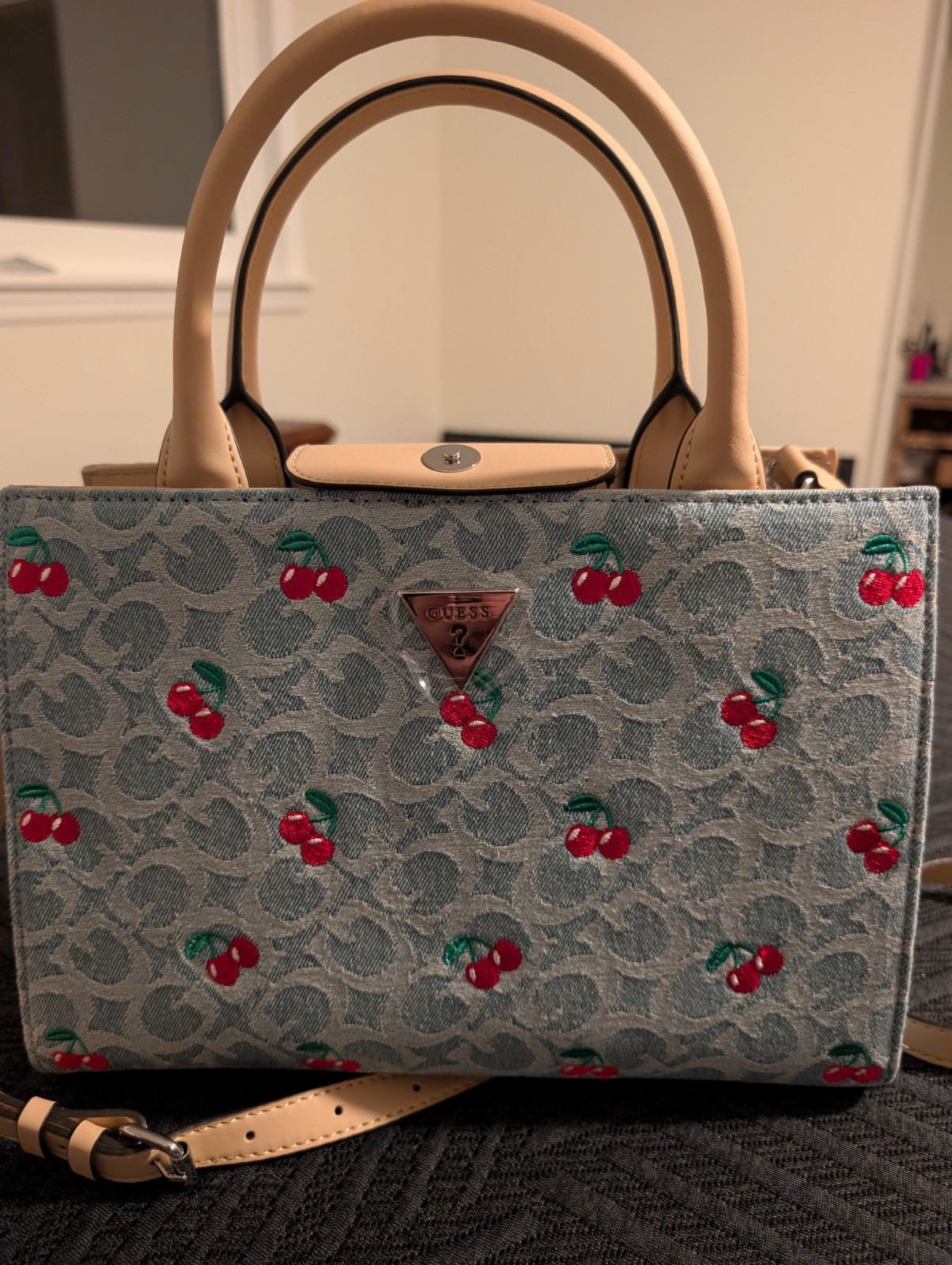 GUESS Cherry Red Vegan Crossbody Bag with Adjustable Strap and Tassel