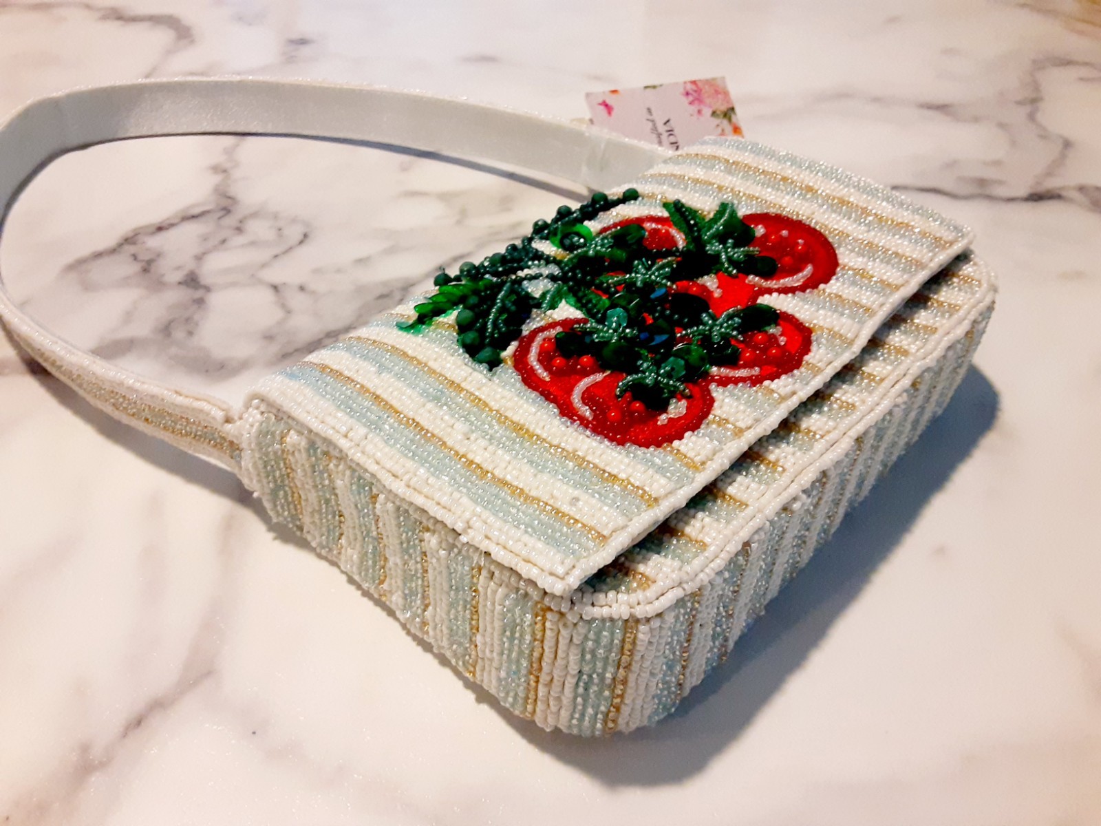 Made in India Beaded Tomato Striped Mini Shoulder Bag Purse White Gold Mint