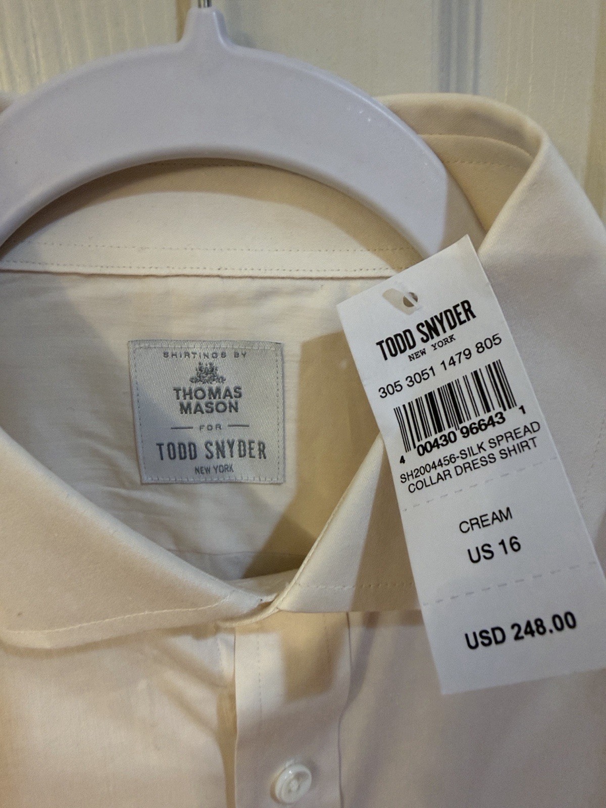 Todd Snyder Cream Silk Spread Collar Dress Shirt. Sz 16. NWT. SEE PICTURES
