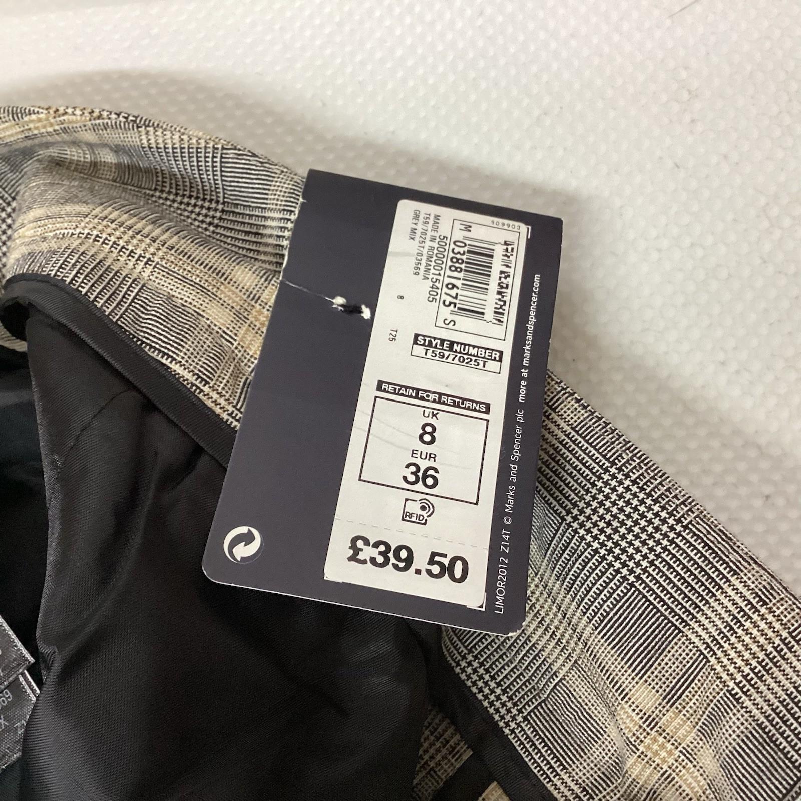 BNWT LADIES M&S SLIM ANKLE MID RISE GREY CHECK TROUSERS SIZE 8 (410D)