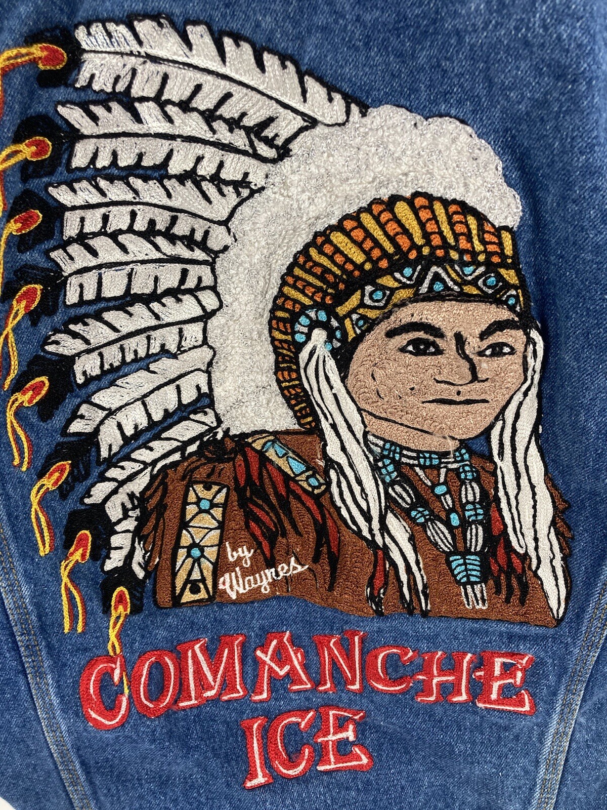 Comanche Chief Denim Trucker Jacket Men Size Small Embroidered Button VTG Unique
